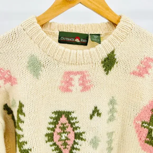 Vintage 80s Outback Red Cream Wool Heavy Knit Geometric Pastel Sweater - Picture 2 of 8